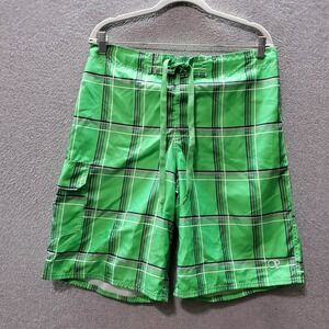 Ocean‎ Pacific Men Swimwear Medium Green Plaid Trunks Drawstring Pockets Logo